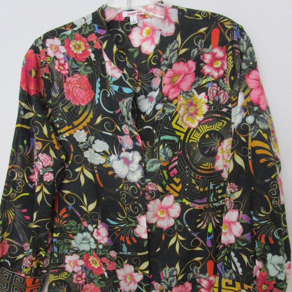 Vivid Floral Black Top Blouse Poly Keystone Bohemian